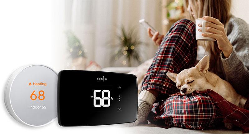 Woman sipping coffee with dog and using the app